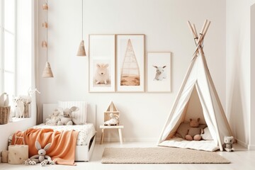 Fototapeta na wymiar White wall with an empty vertical picture frame in a contemporary kids' room. Boho inspired, Scandinavian interior design mockup. Copy space that is free for your image. bed and toys cozy space for ch