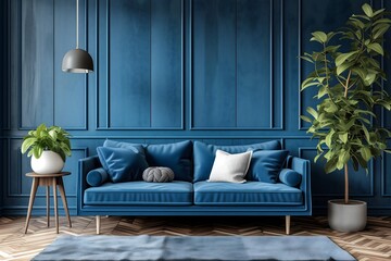 Sleek loft living: Minimalist interior design featuring a blue sofa against paneling wall, adding stylish simplicity to the modern living room.