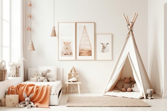 White wall with an empty vertical picture frame in a contemporary kids' room. Boho inspired, Scandinavian interior design mockup. Copy space that is free for your image. bed and toys cozy space for ch