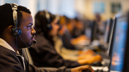 A busy call center with employees engaged in customer support.