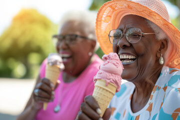 Couple of cheerful elderly female friends eating ice cream outdoors on sunny summer day. Senior ladies sharing a dessert in outdoor cafe.