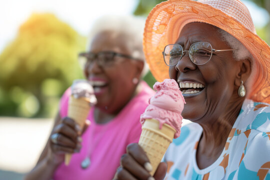 Couple of cheerful elderly female friends eating ice cream outdoors on sunny summer day. Senior ladies sharing a dessert in outdoor cafe.