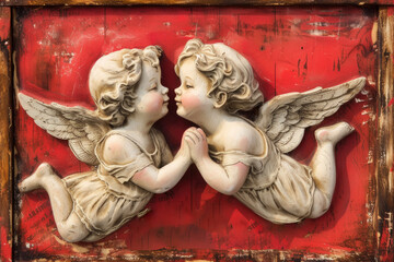 pair of cupids holding hands, with a red background