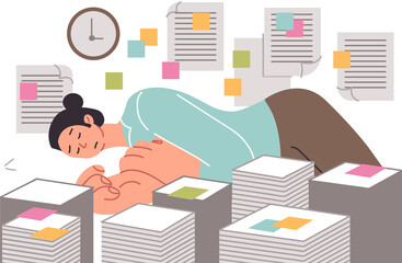 Woman sleeps in office among documents due to overwork caused by abundance of paperwork and strict deadlines. Girl is tired and needs help doing paperwork and following bureaucratic rules - obrazy, fototapety, plakaty