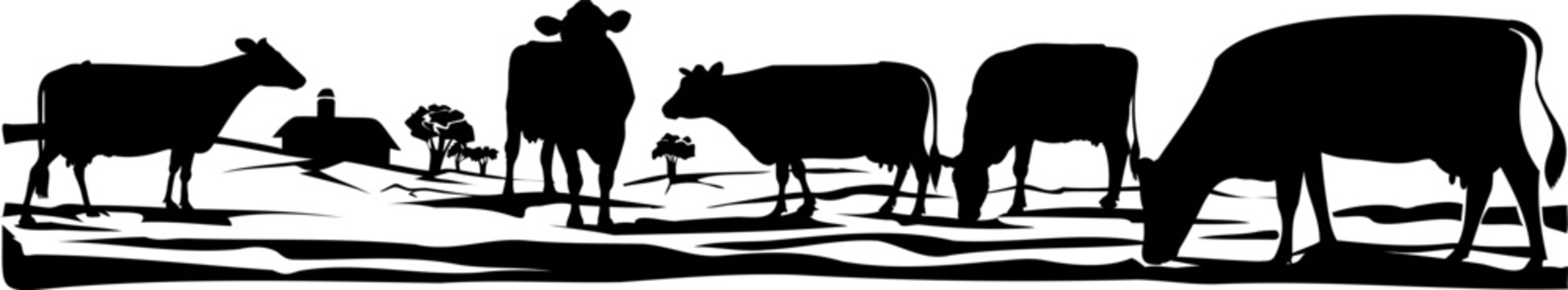 Cow farm landscape with the barn and trees in the background made with silhouettes of several holstein cows in black on white.