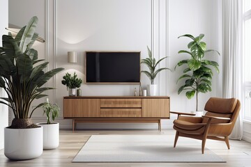 In the living room with a plant and a white wall, there is a leather armchair and a wooden cabinet