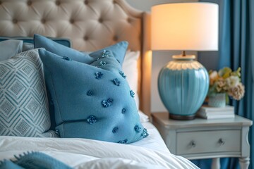 Cozy sophistication: Blue ceramic lamp on nightstand beside bed with beige fabric headboard and blue bedding. Modern bedroom in French country, Provence style.