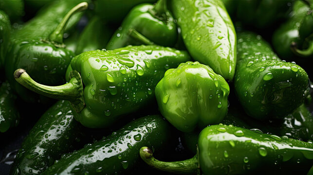 Top view of a group of wet fresh green peppers. Advertising banner layout for the vegetable department of a supermarket. - Powered by Adobe