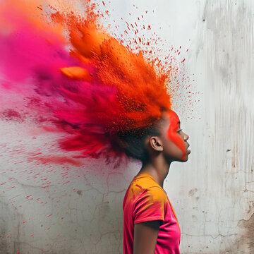 Profile of a Black teenage girl with orange and pink paint burst from her head