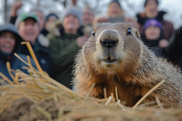close-up of a groundhog as it emerges from its burrow on Groundhog Day - obrazy, fototapety, plakaty