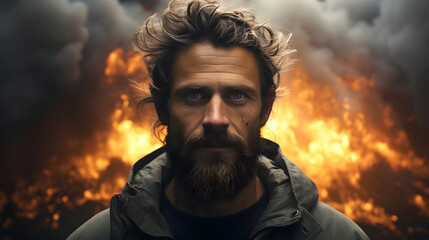 Obraz premium portrait of a brutal bearded man against a background of fire and smoke