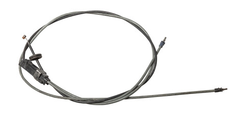 Metal cable for hood opening isolated on white background. Auto service industry. Spare parts catalog.