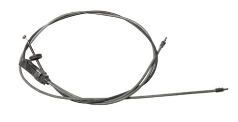 Metal cable for hood opening isolated on white background. Auto service industry. Spare parts catalog.