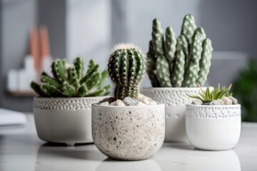 On a white table, there are three different cacti in white flowerpots