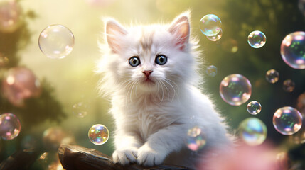 Adorable kitten and soap bubble, pet grooming and playful cat concept.