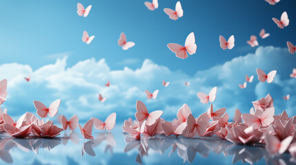 Beautiful paper craft butterflies flying in blue sky, femininity, freedom and fragrance concept abstract background. - obrazy, fototapety, plakaty