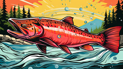 A simple illustration of a wild red salmon jumping out of the water.