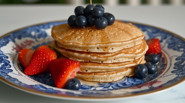 pancakes with berries and honey, Indulge your senses in the artistry of breakfast with a super-realistic image featuring a stack of pancakes adorned with fresh blueberries and strawberries on a charmi