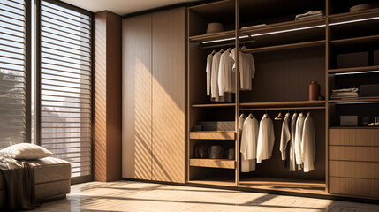 Obraz na płótnie Canvas Modern luxury stylish dark brown wood walk in closet, minimal walk in wardrobe dressing room interior.