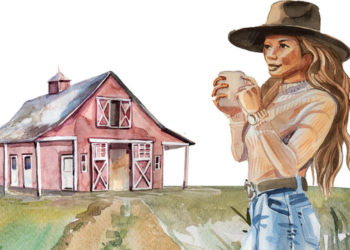 Watercolor hand painted cowgirl  on a ranch landscape. Wild West design. Ranch concept illustration. Woman and horse painting.