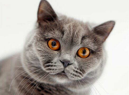Close-up portrait of a gray cat with bright orange eyes. British breed.