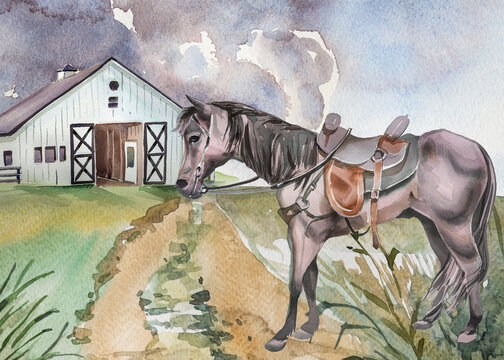  Watercolor hand painted horse on a ranch landscape. Wild West design. Ranch concept illustration. Farm animal painting.