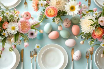 Beautifully decorated Easter dinner table with colorful flowers, pastel crockery and dyed eggs....