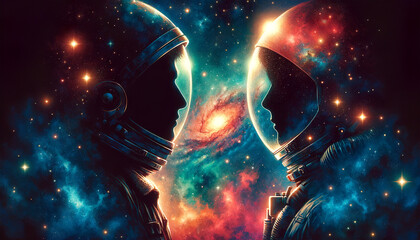 Two astronauts facing each other, helmets reflecting a vibrant nebula, amidst a sea of stars, symbolizing human exploration and vast space.Space exploration concept.AI generated.