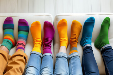 A group of people wearing multi-colored mismatched socks. Odd socks day, anti-bullying week social concept. Down syndrome awareness day.