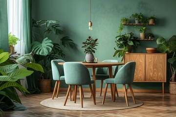 Scandinavian chic: Mint color chairs encircle a round wooden dining table in a modern living room with sofa and cabinet against a serene green wall.