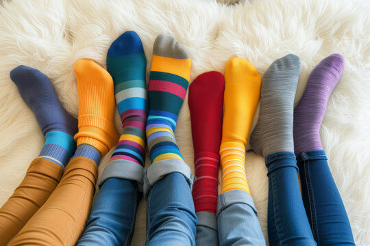A group of people wearing multi-colored mismatched socks. Odd socks day, anti-bullying week social concept. Down syndrome awareness day.
