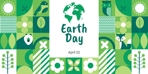  April 22 - Earth Day. Geometric mosaic with abstract forms of nature. Template for banners, postcards, flyers.