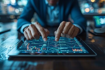 Close-up of hands using a digital tablet displaying vibrant financial charts and graphs, analyzing and managing financial data and cryptocurrencies in a technology era