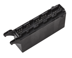 Plastic electronic control unit with black and blue connectors on a white isolated background in a photo studio. Spare part for sale or repair of car electronics in a car service.