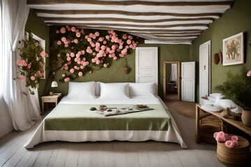 Bedroom in Mykonos, all front wall olive with a canvas in the middle, rose decoration