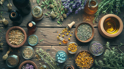 An artistic flat lay of homeopathic remedies including tinctures and dried herbs. - obrazy, fototapety, plakaty