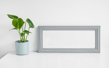 Gray mock up photo frame and Monstera deliciosa or Swiss Cheese Plant in a flower pot on a white table background