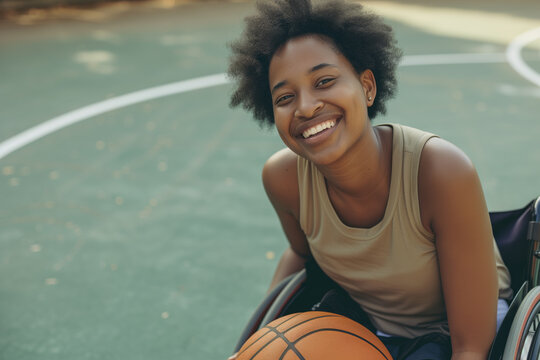 Young Beautiful Black Woman In A Wheelchair Holding A Ball At Basketball Court. Young Disabled Basketball Player Waiting To Play On Open Air Ground. Accessibility To Sports For Disabled Athlete.