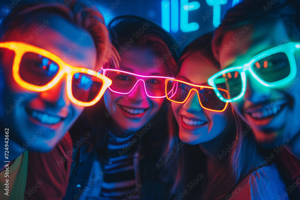 Wall mural cheerful young friends having fun at colorful rave party. happy women enjoying themselves and dancin