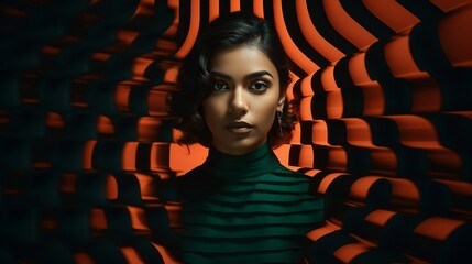 Optical illusion elements on a woman's portrait, creating visual puzzles mirroring the complexity of mental health