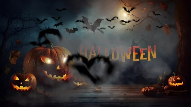 old castle spooky atmosphere on full moon halloween night. Halloween pumpkin decoration. halloween background video.

