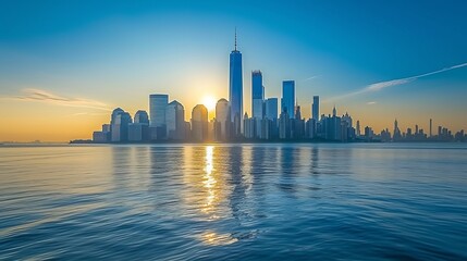 New York City skyline at sunrise with the Hudson River in the foreground
