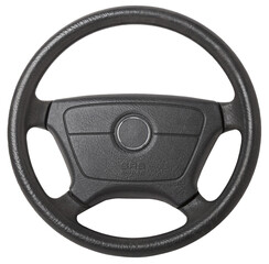 Steering wheel for car and truck isolated on white background. Automobile vehicle part or equipment. Round modern style consist of black leather and aluminum. For driver to driving control and tuning. - obrazy, fototapety, plakaty