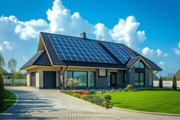 Obraz premium Modern house with solar panels on the roof