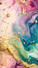 A swirling abstract marble pattern with vibrant hues and gold glitter accents
