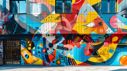 An artistic mural on a commercial building vibrant and eye-catching.