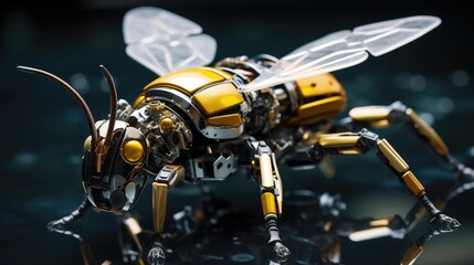 Close-up view of a robotic bee with modular components. Artificial flying pollinator microscale robot.