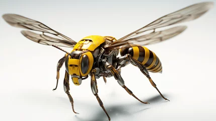 Foto op Plexiglas A robotic wasp flying over a white background. Microscale robot with flying insect shape. © Joe P