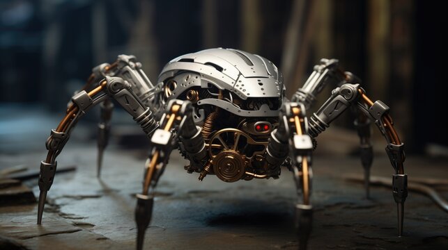Mechanical spider robot with microscopic actuators and articulated legs. Representation of bio-inspired robotics