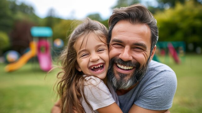 Father and daughter laughing together outside